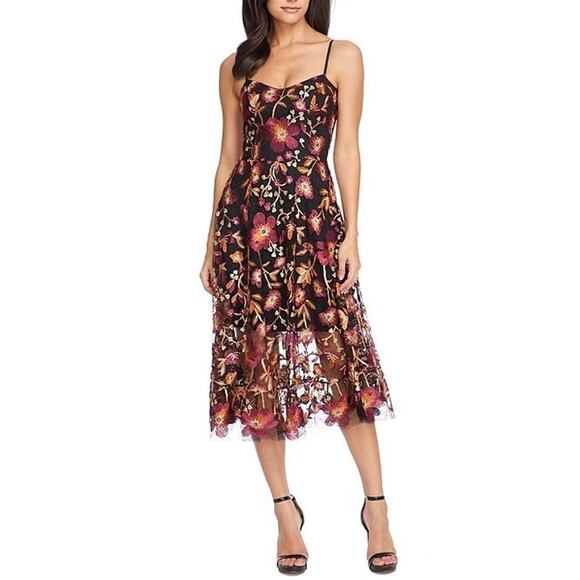 Dress the Population Uma Floral Embroidered Gold Sequins Midi Dress Size XS - Picture 3 of 5